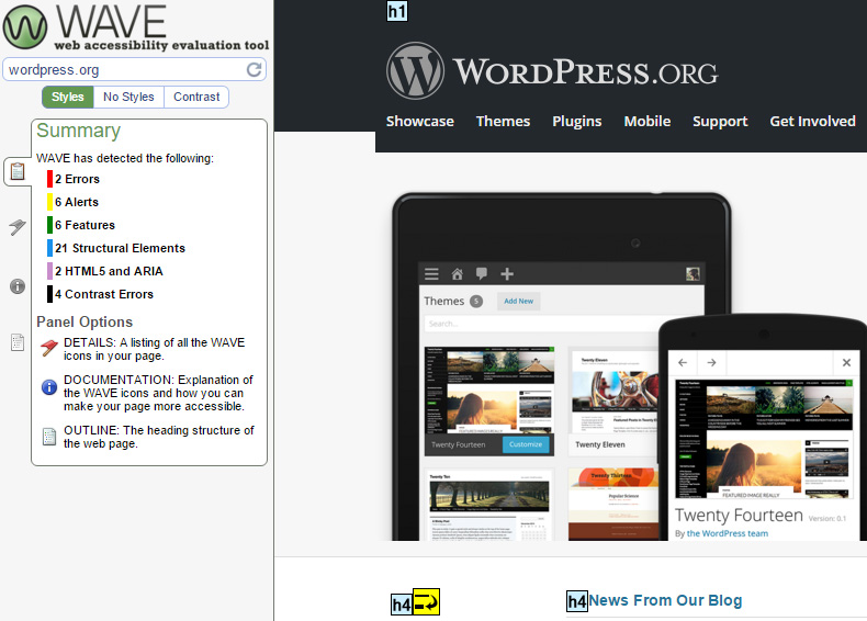 WAVE tool open on WordPress site