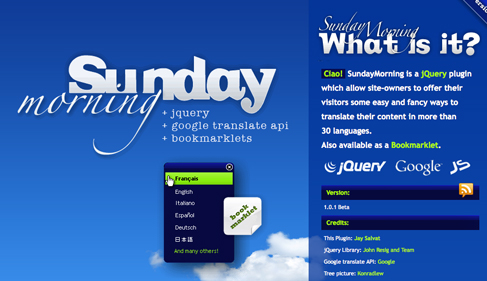 An interface displaying information about SundayMorning, a jQuery plugin that helps offer multiple language translations for websites and includes references to Week 4 - Insightful Web Design Development and Marketing Links, Google Translate API, language options, and bookmarklets.