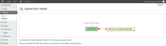  Screenshot of a WordPress interface showing the "Upload New Media" section with a "Select Files" button and a message on how to add media files in WordPress by clicking or dragging and dropping files to upload.