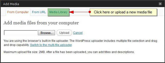 Screenshot of the WordPress "Add Media" window, highlighting the "Media Library" tab and showing options to upload files from a computer. Learn how to add media files in WordPress with ease through this user-friendly interface.