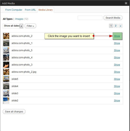A screenshot of a media library interface showing a collection of image files. Each file has a "Show" button next to it, and an instructional arrow points to one of the images, illustrating how to add media files in WordPress.