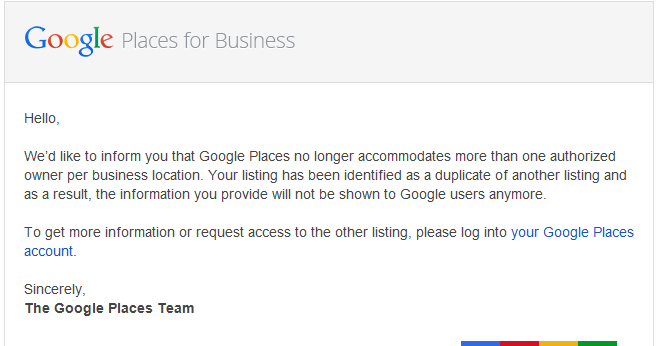 Screenshot of a message from Google Places for Business informing a user that their listing is a duplicate and will not be shown to Google users. Includes a link to log into the Google Places account with advice on What Should I Do If Google Marks My Listing as a Duplicate?