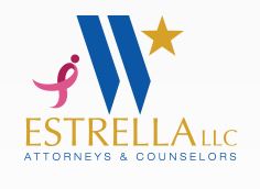 Logo of Estrella LLC, featuring a large blue "W" with a gold star above it, a pink ribbon on the left, and the text "ESTRELLA LLC ATTORNEYS & COUNSELORS" in gold and blue below.