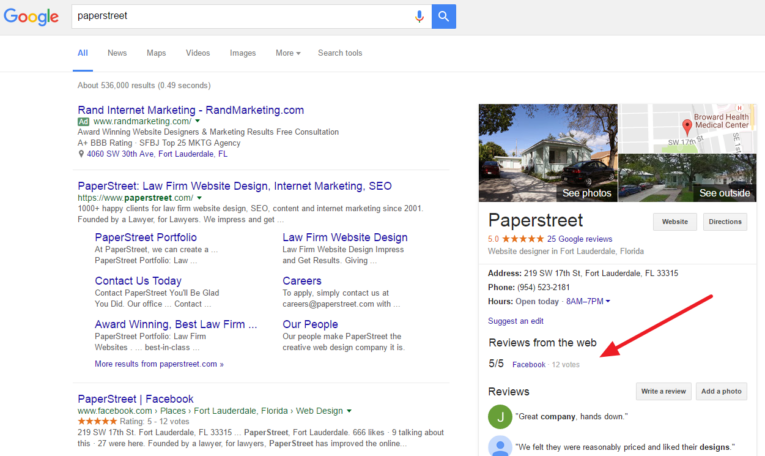 Google search results for "Paperstreet," showing links to the company's website, Facebook page, and other online profiles. A sidebar displays Paperstreet's Google reviews, location, and images. An arrow points to the reviews.