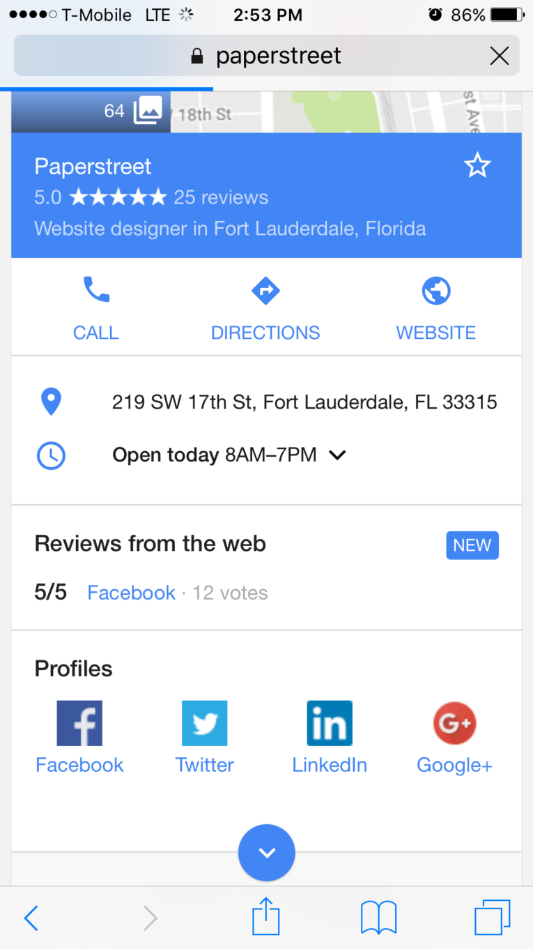 Screenshot of a Google business listing for Paperstreet, a website designer in Fort Lauderdale, Florida, showing contact information, hours of operation, and links to various social media profiles.