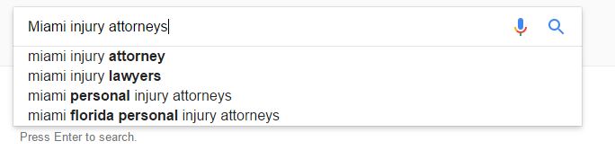 Screenshot of a Google search bar with the query "Miami injury attorneys" and autocomplete suggestions including "miami injury attorney," "miami injury lawyers," and "miami florida personal injury attorneys.