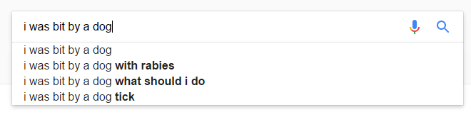 Google search autocomplete suggestions for the query "I was bit by a dog" including "with rabies," "what should I do," and "tick.