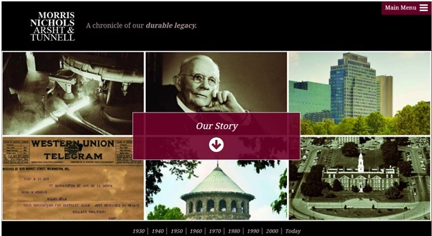 A webpage from Morris Nichols Arsht & Tunnell shows images of historical events, buildings, and a notable figure with a red button labeled "Our Story" in the center.