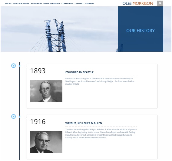 Screenshot of a webpage titled "Our History" from Oles Morrison. It highlights the firm's founding in 1893 and a 1916 name change to Wright, Kelleher & Allen, with images of two historical figures.