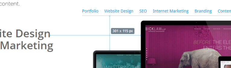 A webpage showing a partially cropped screenshot of a website design and internet marketing page, featuring navigation links such as Portfolio, Website Design, SEO, Internet Marketing, Branding, and Content.