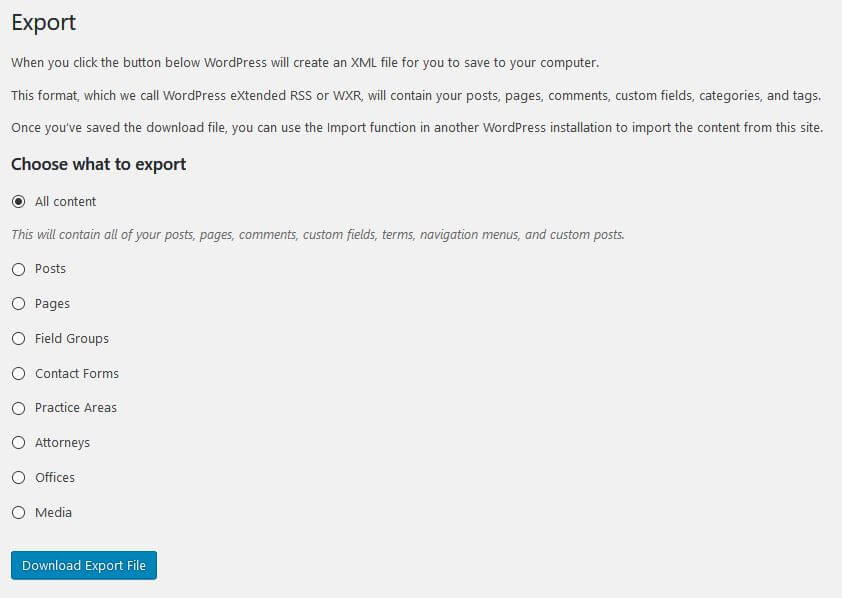 Screenshot of the WordPress export page showing options to export all content, or select specific content types including posts, pages, media, and others. A "Download Export File" button is at the bottom.