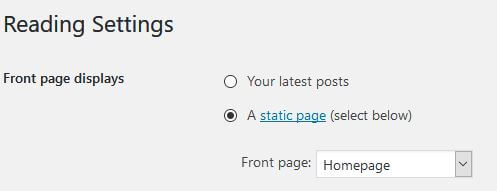 Screenshot of WordPress reading settings where the front page is set to display a static page. The "Front page displays" option is selected as "A static page" with "Homepage" chosen in the drop-down menu.