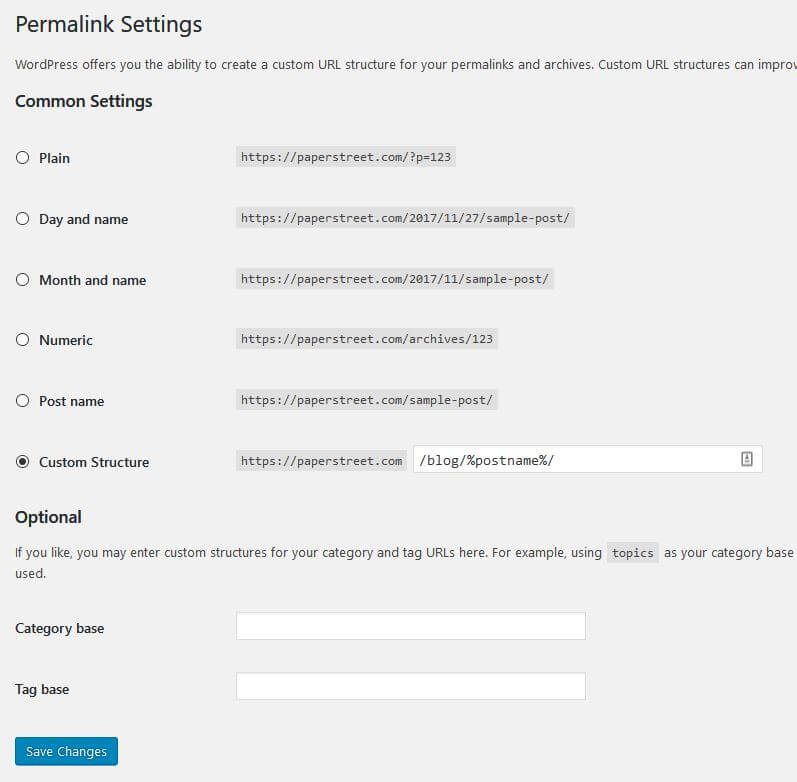 Screenshot of WordPress Permalink Settings page showing options like Plain, Day and name, Month and name, Numeric, Post name, Custom Structure, and optional category and tag bases.
