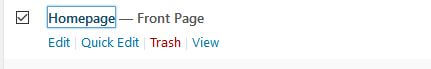 A webpage section titled "Homepage — Front Page" with options to Edit, Quick Edit, Trash, and View.