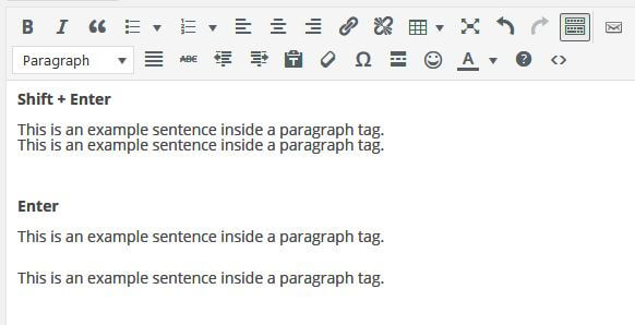 A text editor interface showing paragraph editing options. Two examples of paragraph text demonstrate the use of "Shift + Enter" for line breaks and "Enter" for new paragraphs.