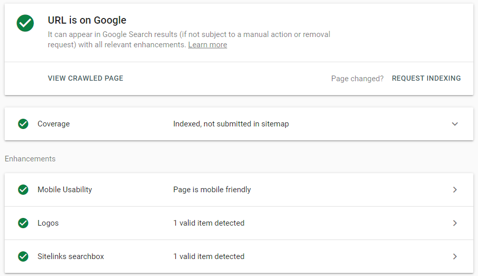 Google Search Console screenshot showing "URL is on Google" status with checks for Coverage, Mobile Usability, Logos, and Sitelinks search box. The URL can appear in Google Search results.
