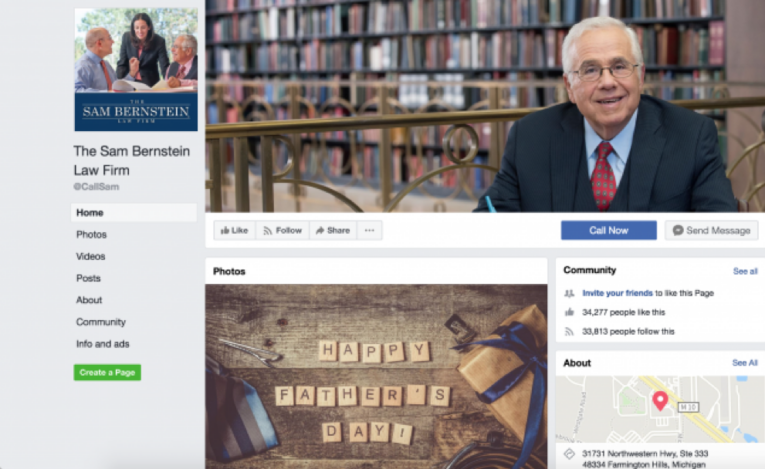Screenshot of a Facebook page for The Sam Bernstein Law Firm with a profile picture of an older man in a suit and a banner image of a "Happy Father's Day" card.
