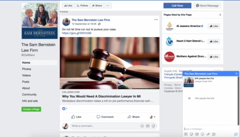 A social media page of The Sam Bernstein Law Firm featuring a post about hiring a discrimination lawyer with an image of a gavel on a book. Includes a link and chat box with a message.