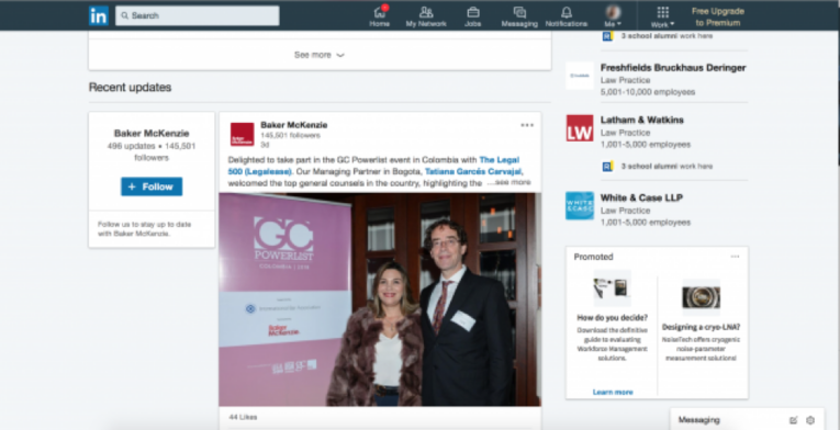 Screenshot of a LinkedIn post by Baker McKenzie highlighting an event in Bogotá with attendees, featuring a promotional banner in the background and the LinkedIn interface visible around the post.