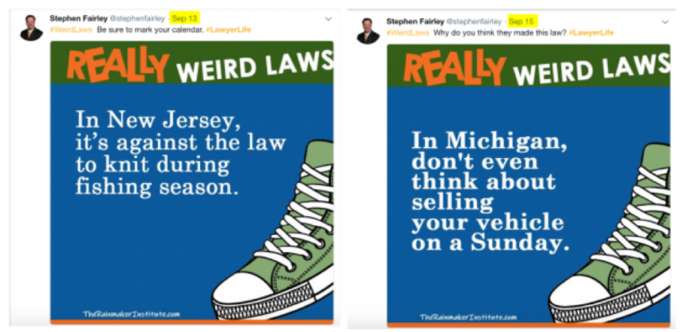 Two images with the text: "In New Jersey, it's against the law to knit during fishing season," and "In Michigan, don't even think about selling your vehicle on a Sunday." Green sneakers graphic included.