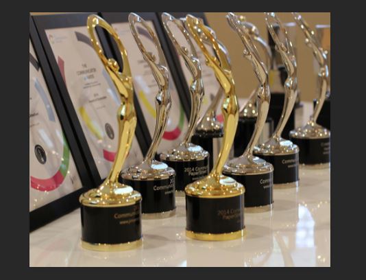 A row of gold and silver trophies with black bases is displayed on a white surface, with framed certificates in the background.