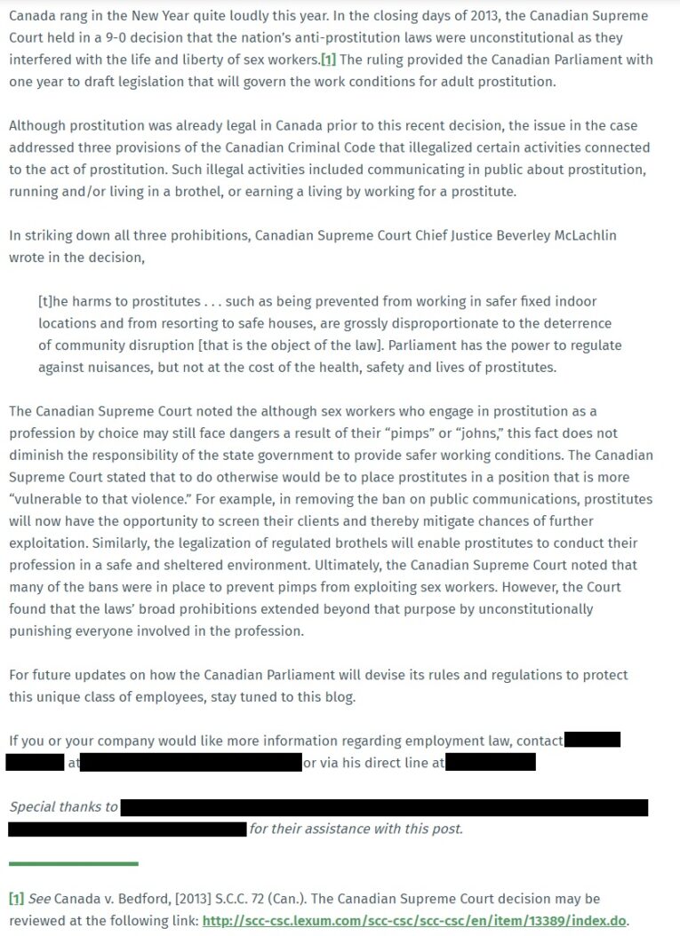         Text document discussing a Canadian Supreme Court ruling on the unconstitutionality of anti-prostitution laws, with text highlighting aspects of the decision and jumping footnotes providing additional context. A call for more information is included at the bottom.