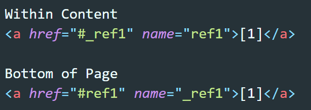         Code snippet showing two HTML link elements to insert "jumping" footnotes within your content. The first link has `href="#_ref1"` and `name="ref1"`, while the second link has `href="#ref1"` and `name="_ref1"`.