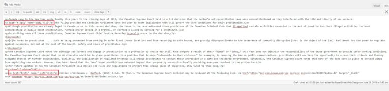 A highlighted document in plain text discusses a Canadian Supreme Court ruling involving laws related to the sex industry and worker safety. The highlighted sections emphasize key points in the court decision, illustrating how to insert “jumping” footnotes within your content for ease of reference.