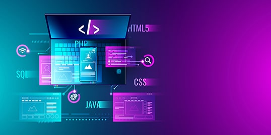 Illustration of a laptop displaying coding symbols, surrounded by icons representing various programming languages like PHP, CSS, SQL, HTML5, and Java against a gradient background. Learn how to transfer your PHP/MySQL site to XAMPP for local development and debugging seamlessly.