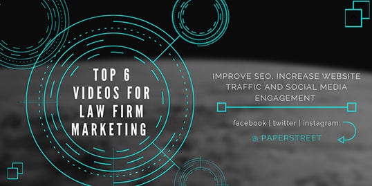 Graphic featuring text "Top 6 Videos for Law Firm Video Marketing" and "Improve SEO, Increase Website Traffic and Social Media Engagement" with social media handles for Facebook, Twitter, and Instagram.