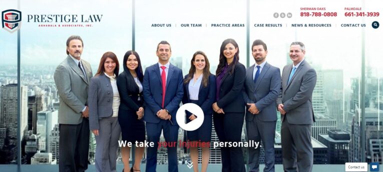 A group of eight professionally dressed individuals stand in front of a cityscape background under the banner "Prestige Law" with contact numbers and a central play button indicating a video.