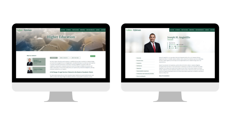 Two computer screens displaying website pages. Left screen shows a "Higher Education" page with sections and text. Right screen shows a "Joseph M. Angiolillo" profile with a photo and descriptive text.