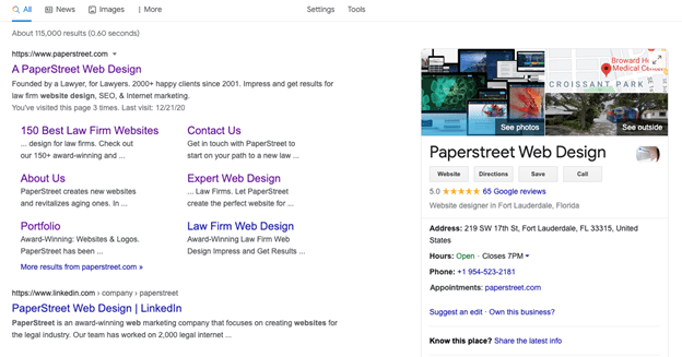 Screenshot of Google search results for "Paperstreet Web Design," showing website links, business information, and map location on the right panel.