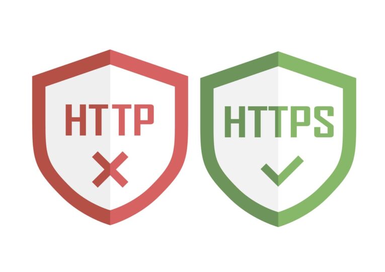 Two shields: one red labeled "HTTP" with a red X, indicating insecurity; one green labeled "HTTPS" with a green checkmark, indicating security. This highlights why your law firm site needs an SSL certificate for ensuring client trust and data protection.