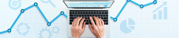 Hands typing on a laptop keyboard with graphs, charts, and analytics icons in the background.