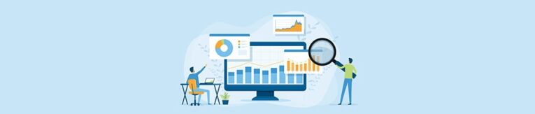 Illustration of people analyzing data on a computer monitor, which displays bar and pie charts. One person sits at a desk with a laptop using Google Analytics, while another stands holding a magnifying glass, as though they're consulting "Reviews for Law Firms: A Best Practices Guidebook.