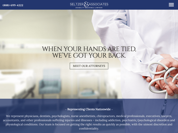 A medical professional holds a stethoscope next to the text: "When your hands are tied, we've got your back. Meet our attorneys." Seltzer & Associates law firm's contact number is at the top.