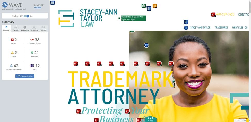 Screenshot of a webpage from Stacey-Ann Taylor Law, highlighting trademark attorney services. The page includes a headshot of a woman smiling, contact information, various navigation and accessibility tools, and guidance on how to check your website for ADA compliance.