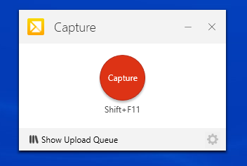 A screen capture tool window with a red "Capture" button labeled "Shift+F11." At the bottom, there is an option to "Show Upload Queue" and a settings icon.