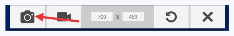 Toolbar with icons for a camera, video, dimensions 709 by 459, refresh, and close. A red arrow points to the camera icon.