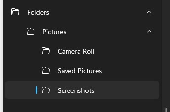A file explorer window showing a nested folder structure: Folders, Pictures, Camera Roll, Saved Pictures, and Screenshots. The Screenshots folder is highlighted.