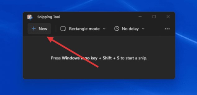 A screenshot of the Snipping Tool application with a red arrow pointing to the "New" button, indicating where to click to start a new snip.