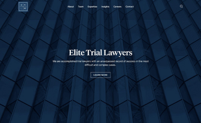 A website homepage for "Elite Trial Lawyers" with menu options for About, Team, Expertise, Insights, Careers, and Contact. Background shows a blue-toned, geometric building pattern.