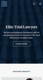 Mobile website screen displaying "Elite Trial Lawyers" with a description about their success in difficult and complex cases. A "Learn More" button is present.