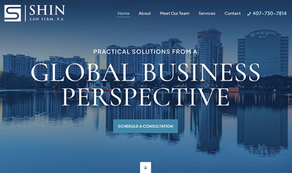 Screenshot of a law firm website homepage. The header reads "Practical Solutions from a Global Business Perspective." There are buttons for scheduling a consultation and links to various sections.