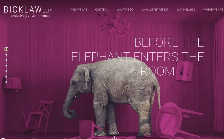 An elephant stands in a pink room scattered with overturned furniture. Text on the wall reads, "BEFORE THE ELEPHANT ENTERS THE ROOM." The company's name, BICKLAW LLP, is displayed in the top left corner.