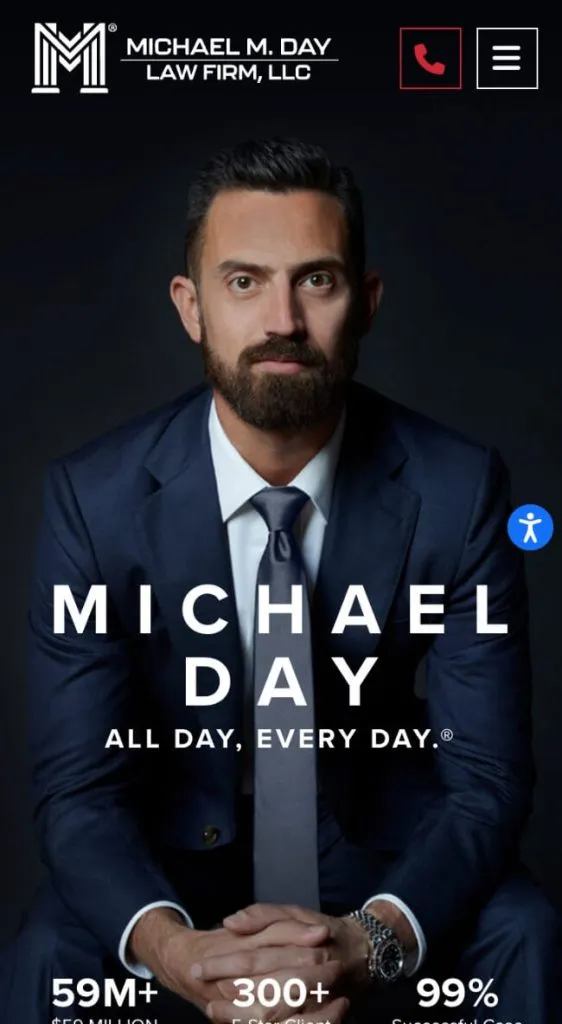 A bearded man in a navy suit sits confidently while promoting Michael Day Law Firm's services. The caption reads: "MICHAEL DAY - ALL DAY, EVERY DAY." with additional stats below.