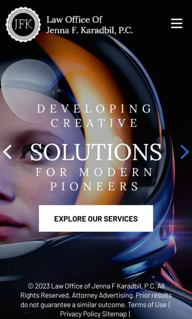 Website homepage of the Law Office of Jenna F. Karadbil, P.C., featuring text "Developing Creative Solutions for Modern Pioneers" with a button labeled "Explore Our Services" and a futuristic design.