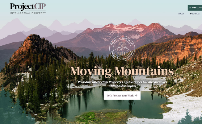 A website homepage for Project CIP featuring a logo, company slogan "Moving Mountains," and a call-to-action button. The background image shows a picturesque mountainous landscape.