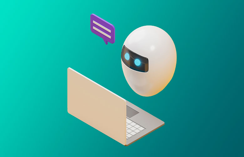 A round robot head with blue eyes and a speech bubble floats in front of an open laptop on a teal background.